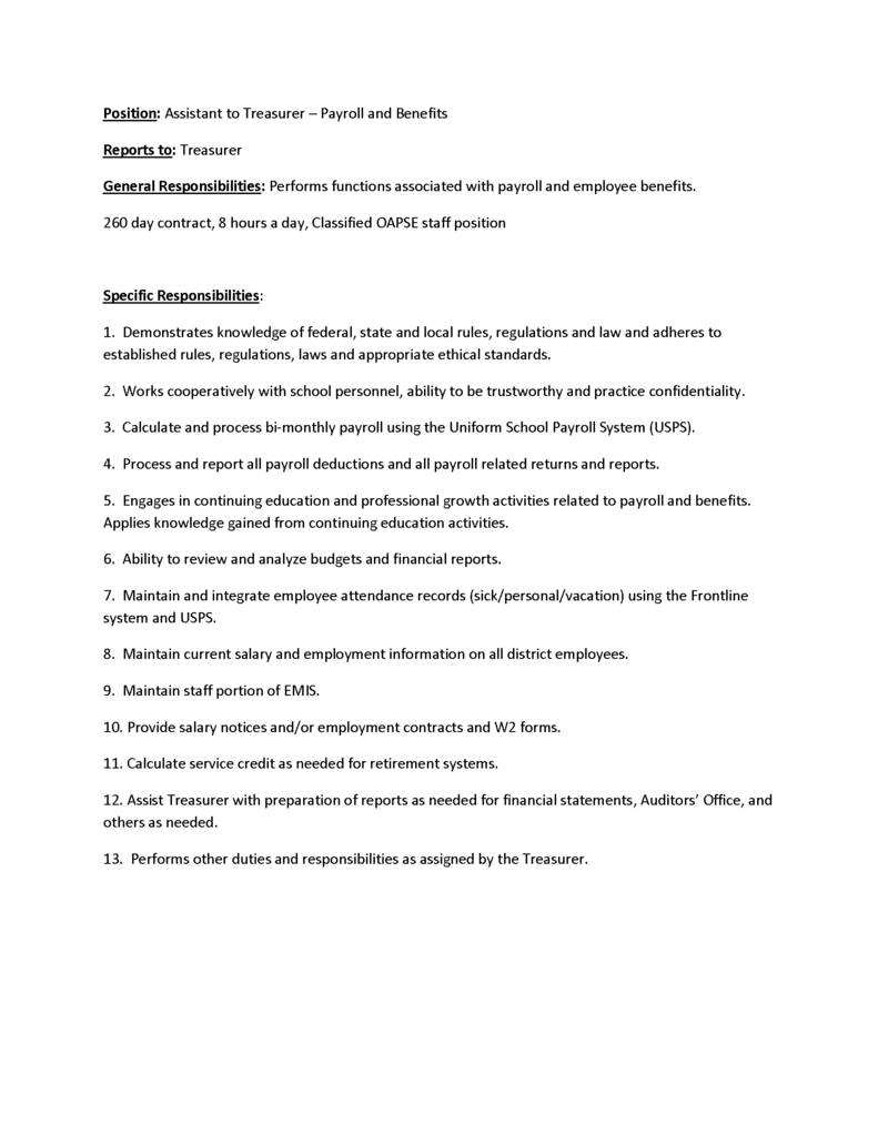 Job description for Treasurer's Assistant - Payroll