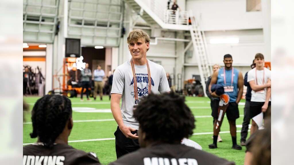 Yesterday, some of our students had the opportunity to attend the Cleveland Browns OTA practice. Football players in grades 7-11 who are in the green attendance category were selected. They were on the field while the Browns practiced for two hours. After the practice, NHS quarterback Brady Singer addressed the Browns players to introduce our group and explain why they were chosen to be there. Then the kids had the opportunity to get some signatures and pictures.