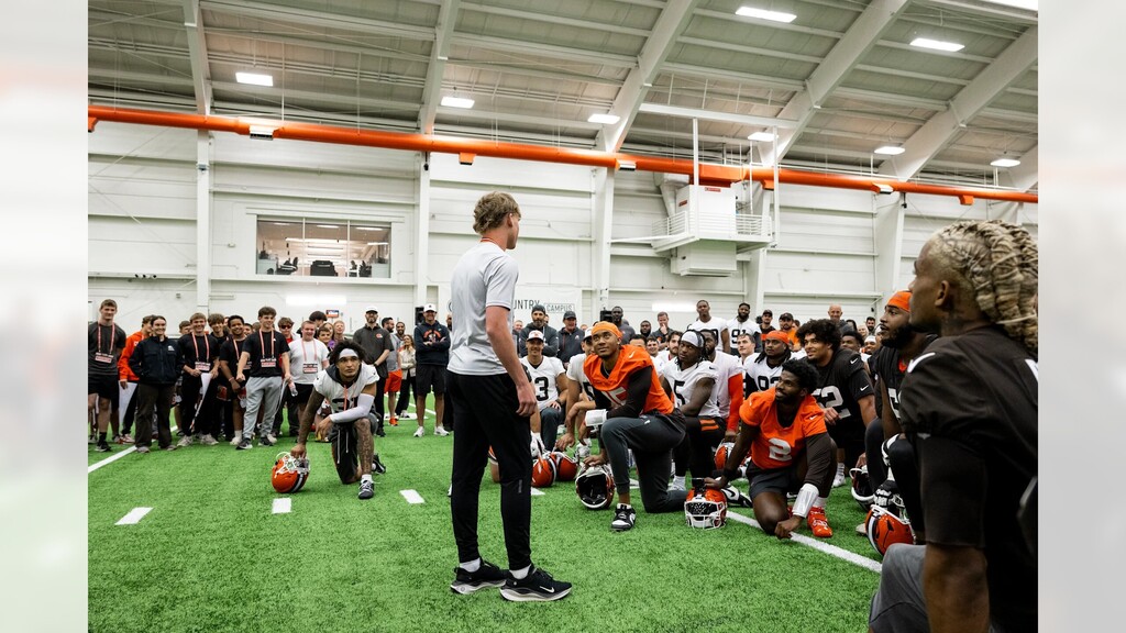 Yesterday, some of our students had the opportunity to attend the Cleveland Browns OTA practice. Football players in grades 7-11 who are in the green attendance category were selected. They were on the field while the Browns practiced for two hours. After the practice, NHS quarterback Brady Singer addressed the Browns players to introduce our group and explain why they were chosen to be there. Then the kids had the opportunity to get some signatures and pictures.