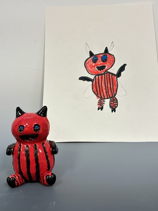 Maplehurst and NHS Art Classes Project Collaboration!  Maplehurst Art teacher Ms. Laser  read her 1st grade art class “The (not-so-scary)Book of Monsters” by Ian James Dye and then they drew their version of a (not-so-scary) monster.    Ms. Boyer’s high school sculpture class, received the drawings and then sculpted them into a 3D version based on the drawings. 