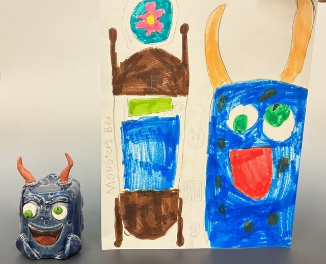 Maplehurst and NHS Art Classes Project Collaboration!  Maplehurst Art teacher Ms. Laser  read her 1st grade art class “The (not-so-scary)Book of Monsters” by Ian James Dye and then they drew their version of a (not-so-scary) monster.    Ms. Boyer’s high school sculpture class, received the drawings and then sculpted them into a 3D version based on the drawings. 