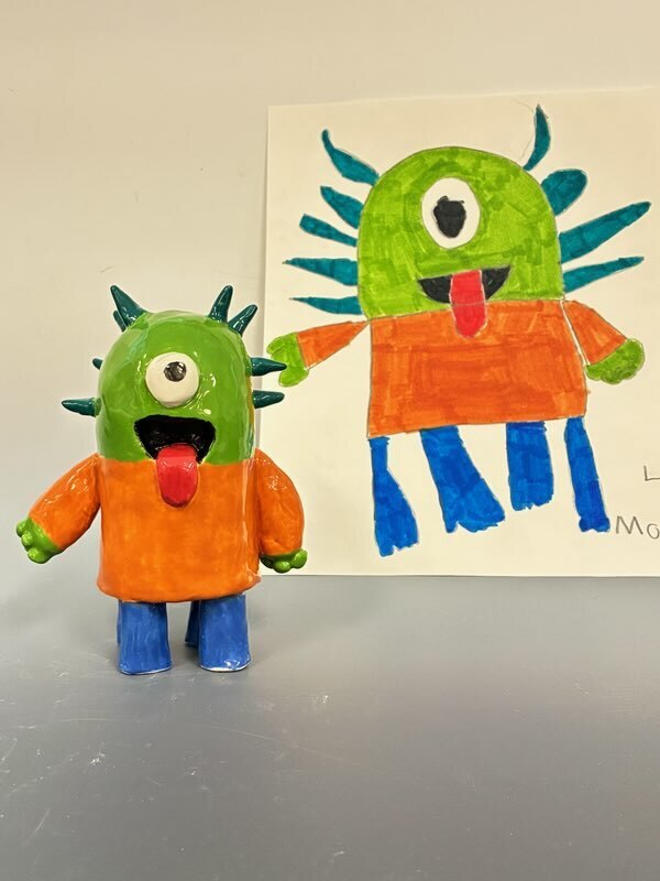 Maplehurst and NHS Art Classes Project Collaboration!  Maplehurst Art teacher Ms. Laser  read her 1st grade art class “The (not-so-scary)Book of Monsters” by Ian James Dye and then they drew their version of a (not-so-scary) monster.    Ms. Boyer’s high school sculpture class, received the drawings and then sculpted them into a 3D version based on the drawings. 