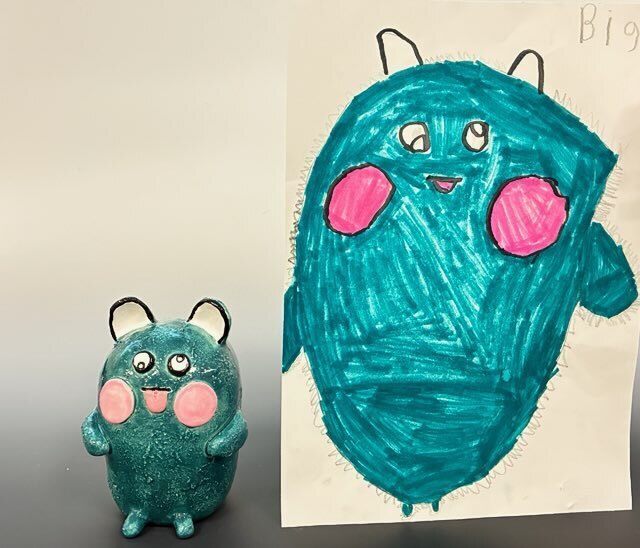 Maplehurst and NHS Art Classes Project Collaboration!  Maplehurst Art teacher Ms. Laser  read her 1st grade art class “The (not-so-scary)Book of Monsters” by Ian James Dye and then they drew their version of a (not-so-scary) monster.    Ms. Boyer’s high school sculpture class, received the drawings and then sculpted them into a 3D version based on the drawings. 