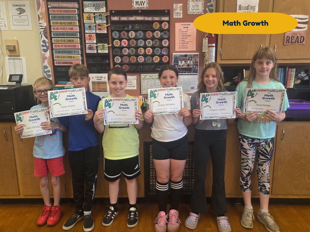 Students from the 4th Grade White team were recognized for their 4th Quarter Accomplishments: Perfect Attendance, All A's & B's, All A's, Math Growth, and Reading Growth. Great job students! 