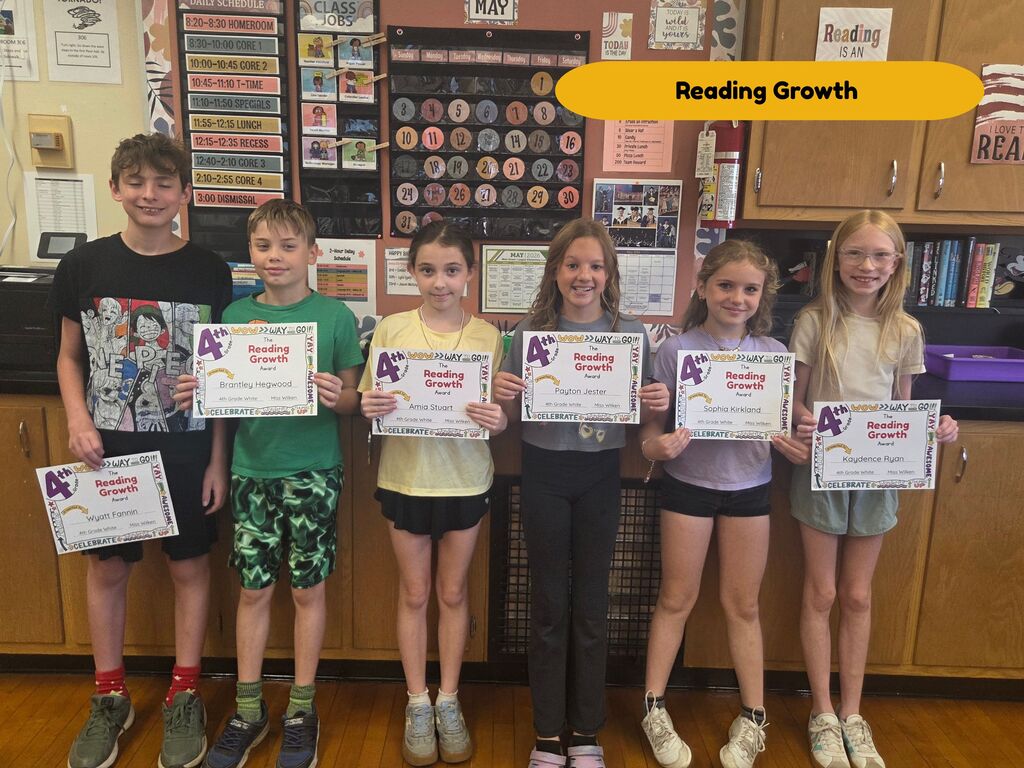 Students from the 4th Grade White team were recognized for their 4th Quarter Accomplishments: Perfect Attendance, All A's & B's, All A's, Math Growth, and Reading Growth. Great job students! 