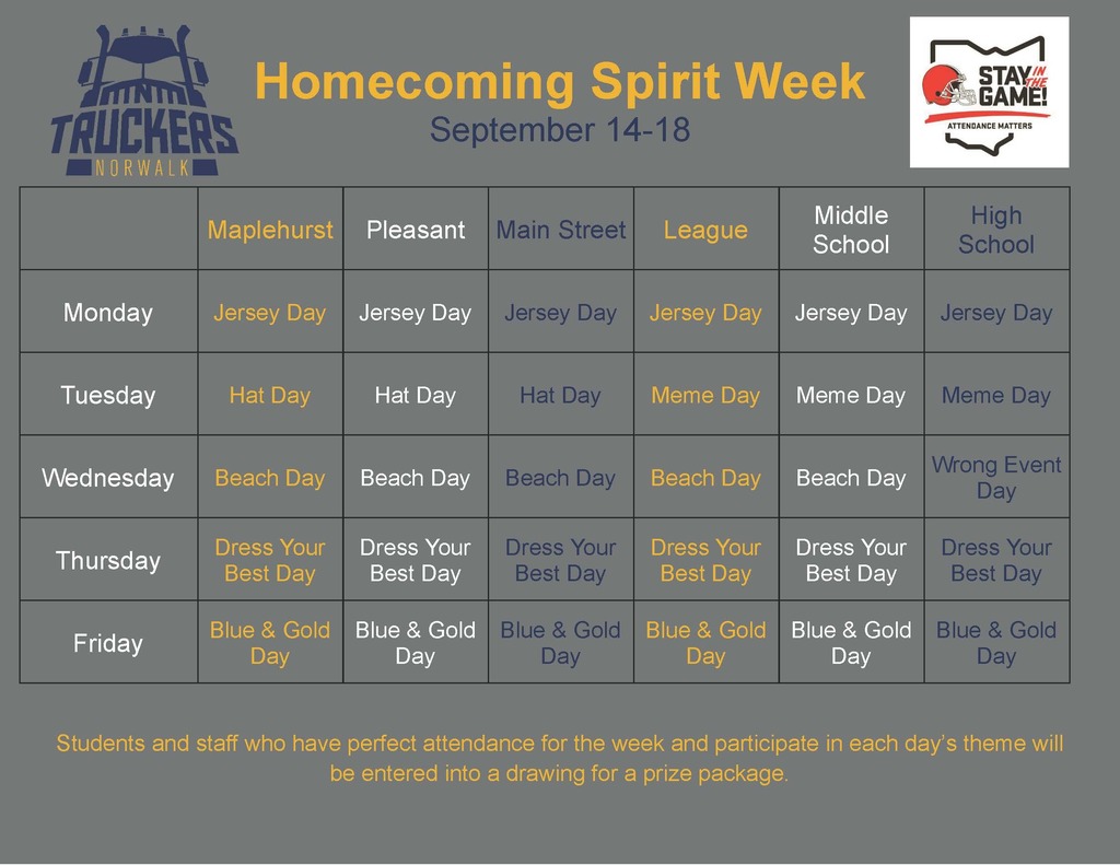callendar with schools and themes for spirit week.