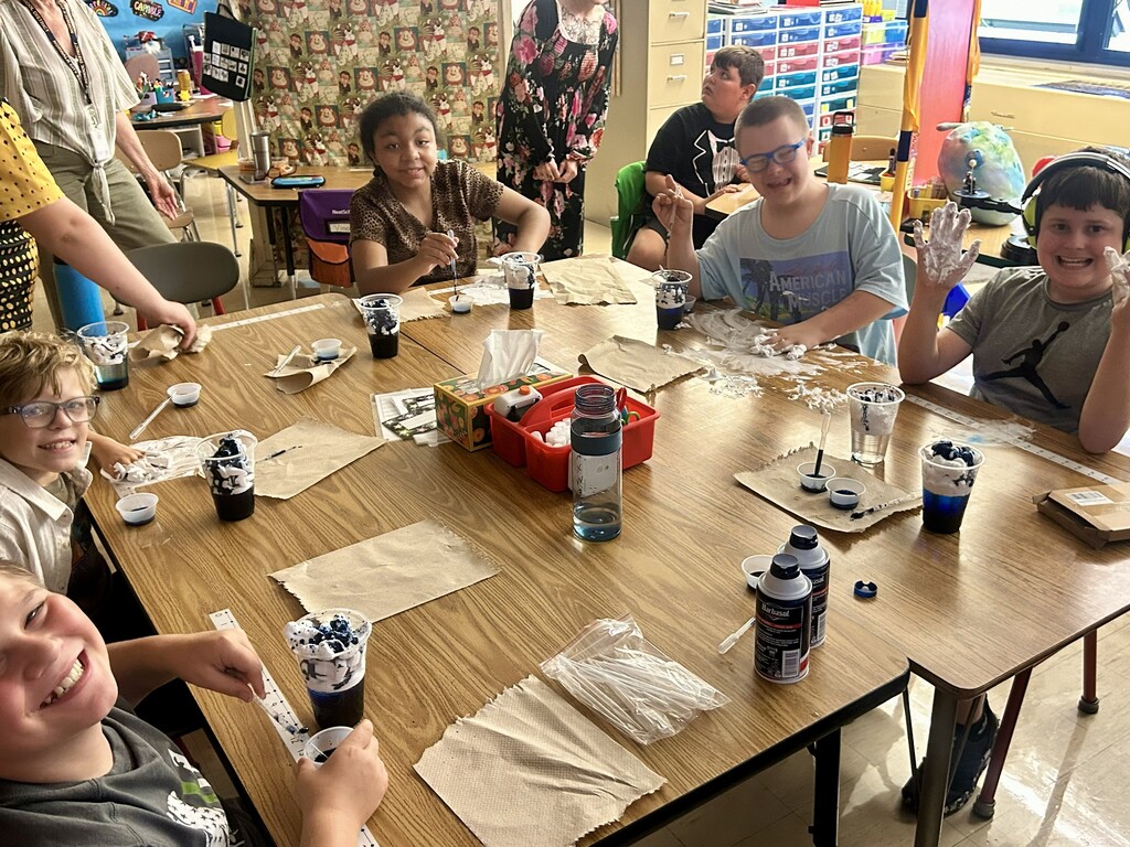 "The students in Mrs. Lambert's class at League Street School are learning about the water cycle this week and they created their own rain clouds using water, food coloring, and shaving cream to demonstrate precipitation."