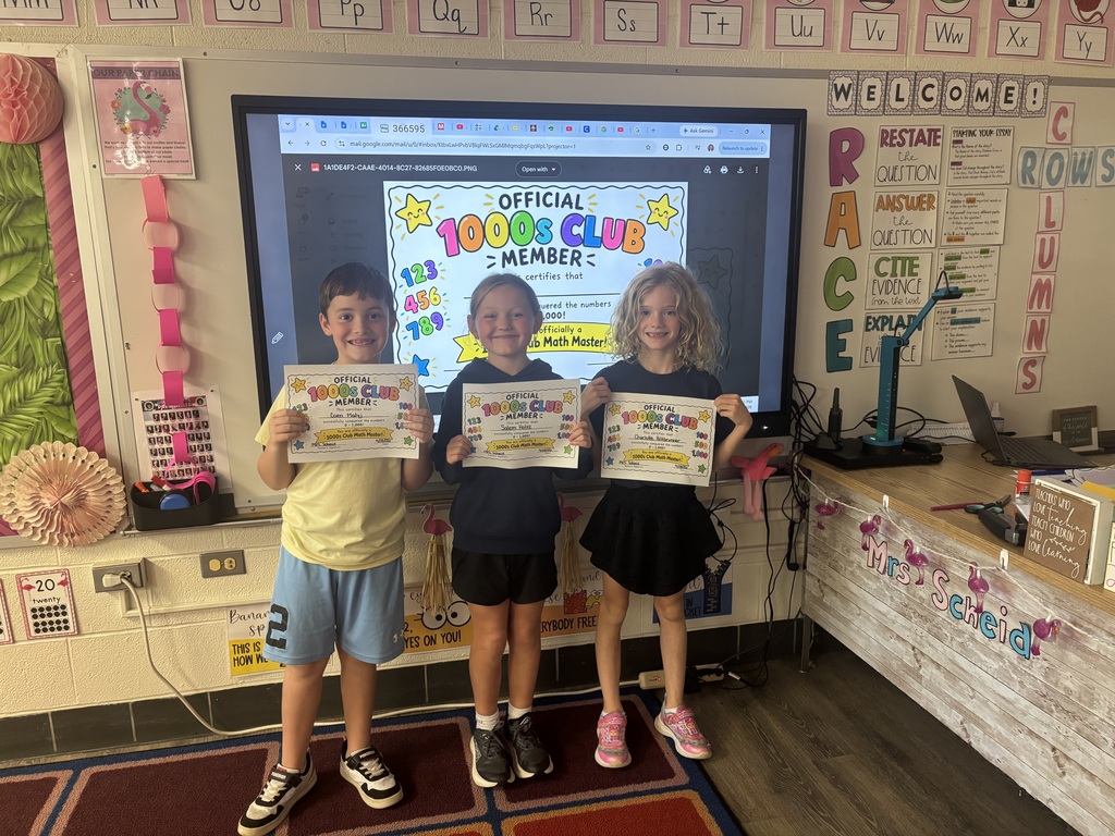 🌟 Salem, Coen and Charlotte in Mrs. Scheid’s second grade class were the first to join the 1,000’s club by writing numbers 1-1,000! 🌟 Way to go!