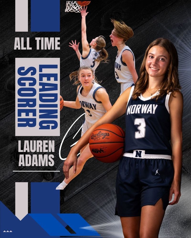 Poster showing multiple photos of basketball girl player leading scorer