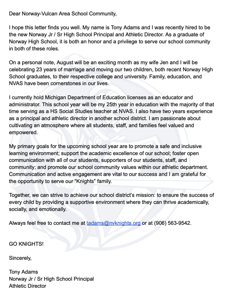 Welcome Letter from Mr. Adams