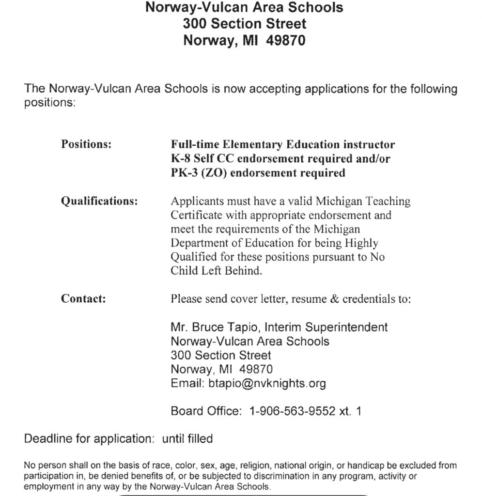 Job posting for elem self contained classroom teacher