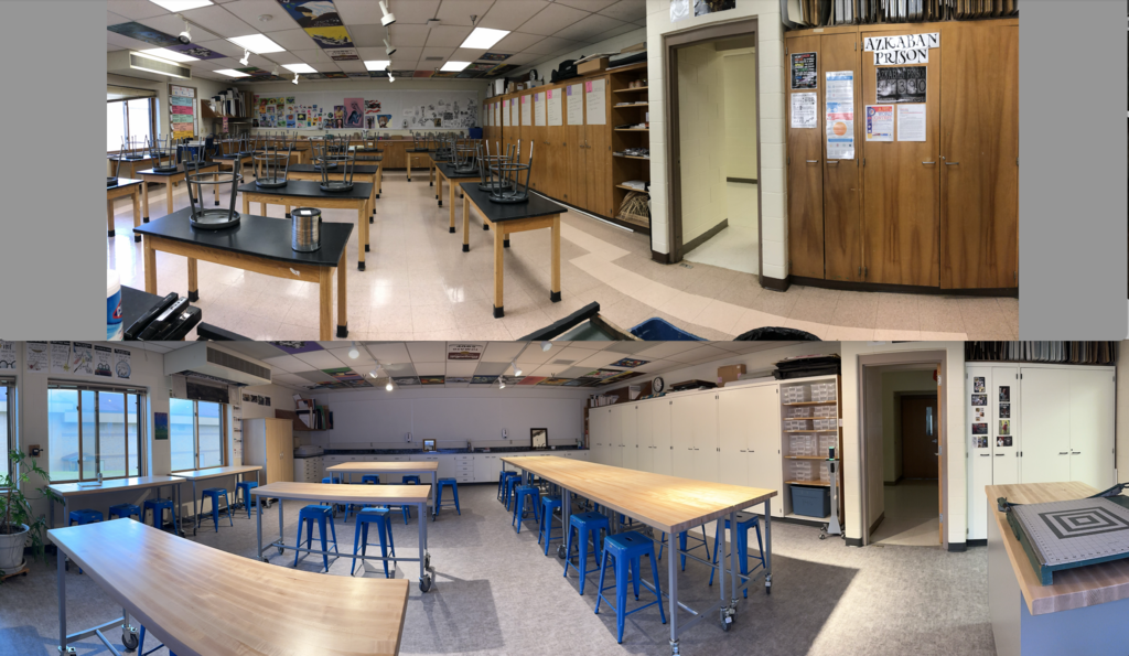 Before and After photo of the high school art room