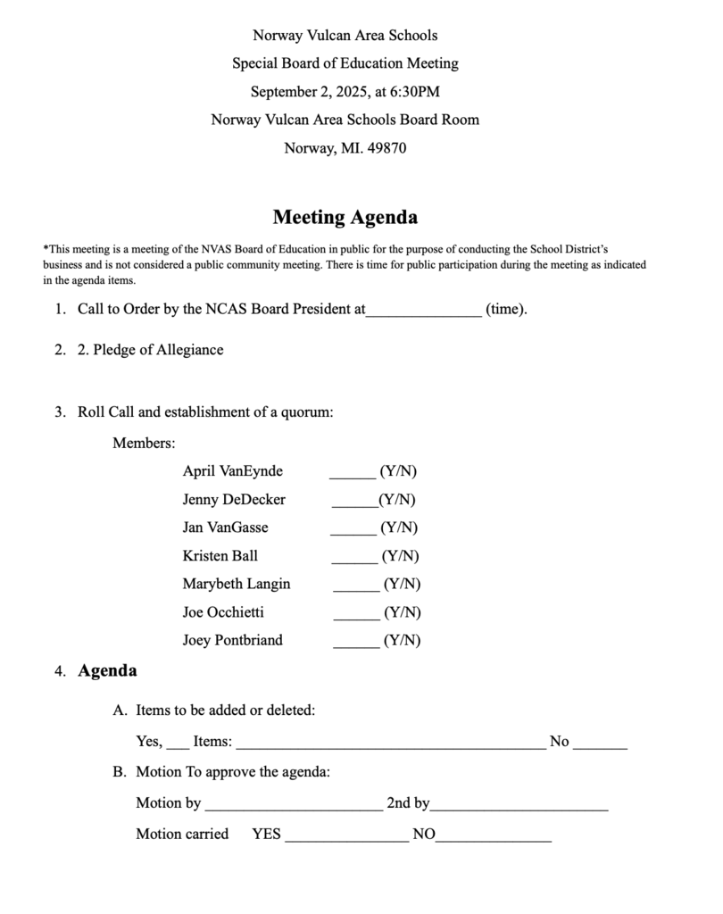 Special Board Meeting Agenda pg1