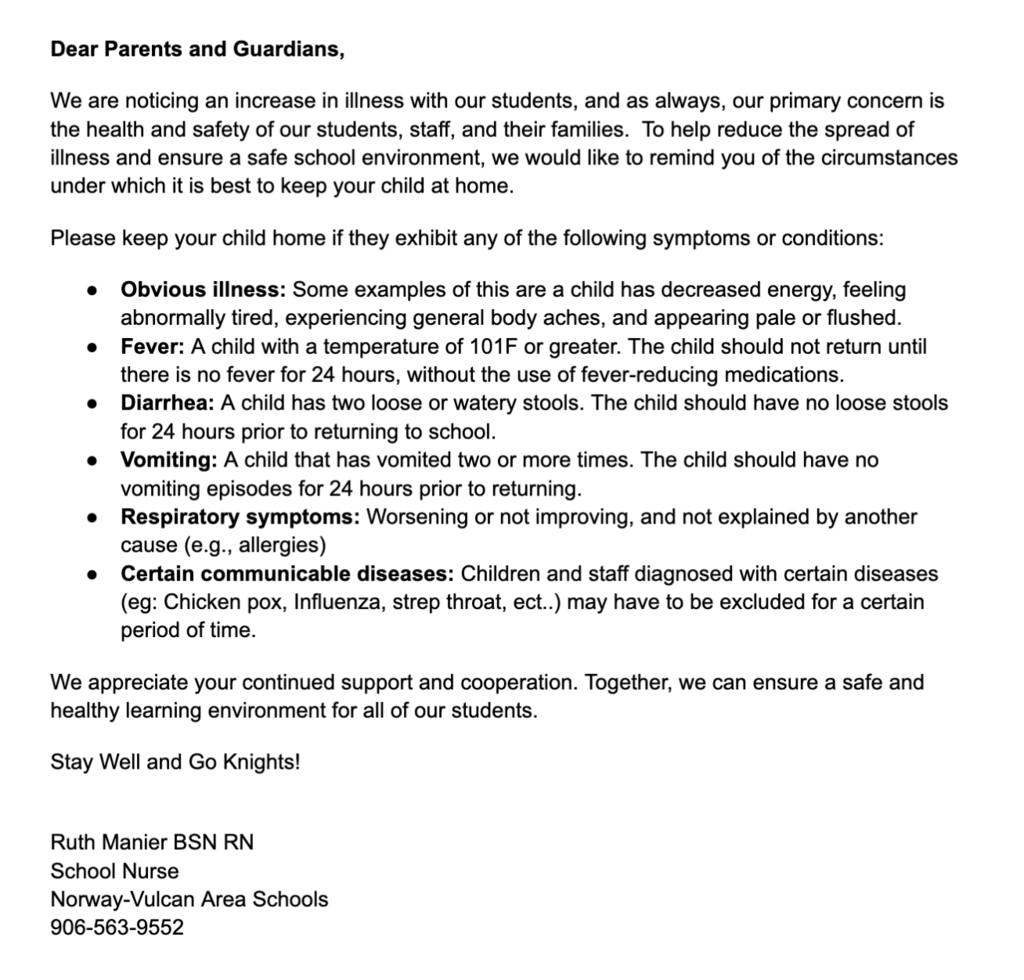 Letter from Nurse Ruth about sickness