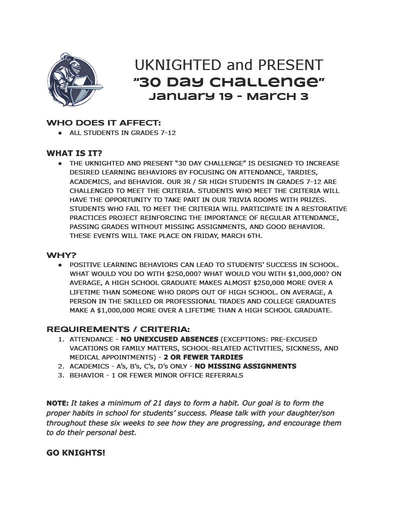 document explaining the 30 day behavior, academic, attendance challenge
