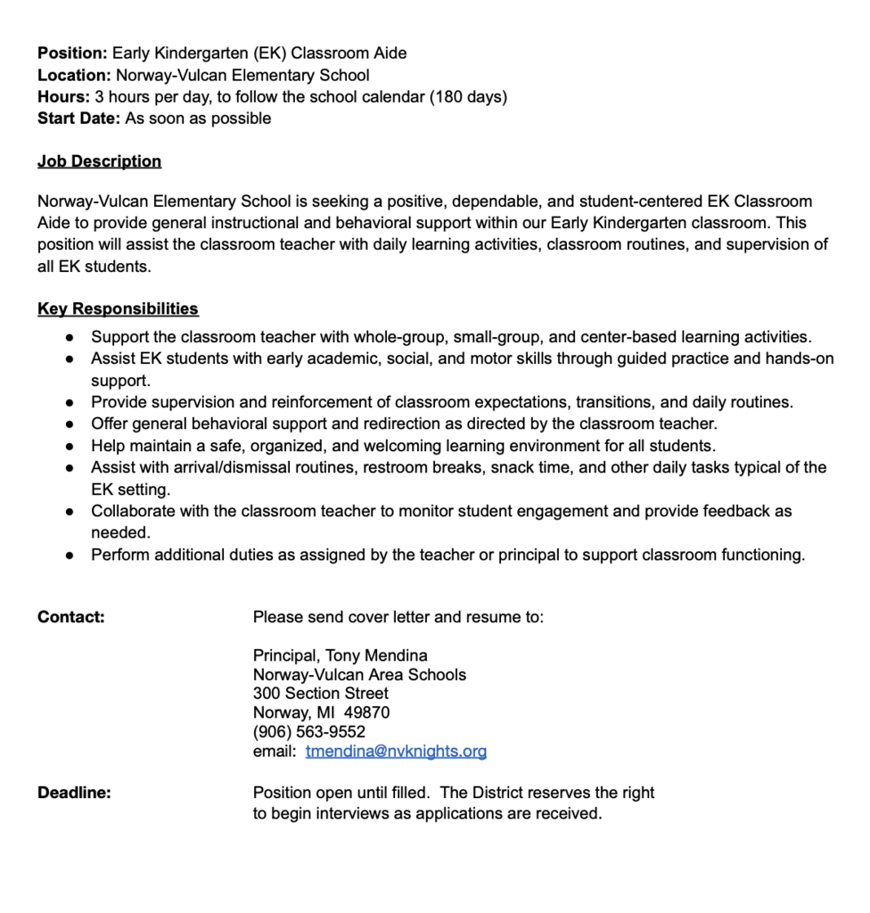 Job Description for EK Aide