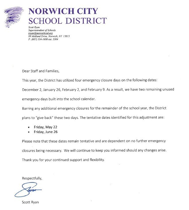Letter to staff and families regarding unused snow days