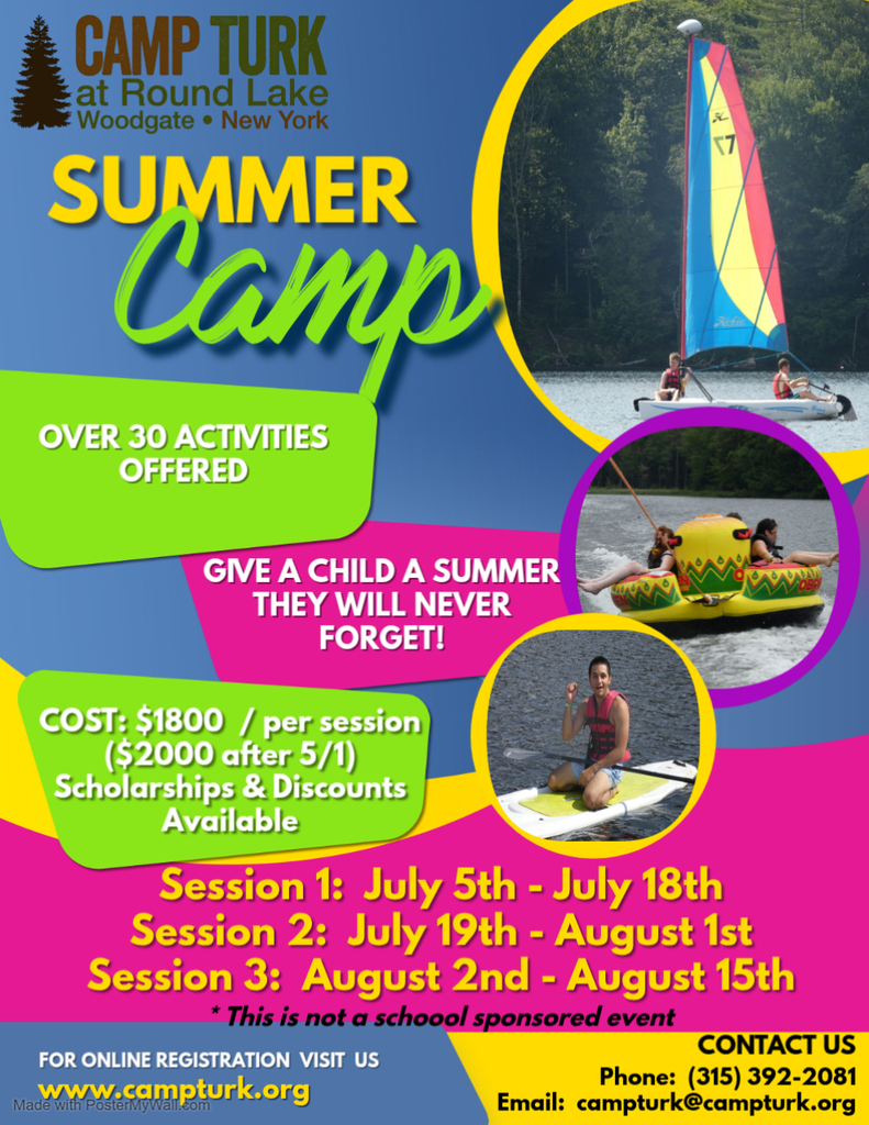Attention All,  ☀️ Summer is almost here! Looking for camp options for your child?  Check out these flyers for great student opportunities—at Camp Turk, a co-ed overnight camp in Woodgate set on 1,500+ acres with its own private lake! 🌲🏕️  ✨ Rookie Day –  📅 July 3, 2026 | ⏰ 9:00 AM – 4:00 PM (FREE!)  ✨  Summer Camp at Camp Turk at Round Lake 💲 2-week sessions start at $1,800 (price increases after May 1) 🎓 Scholarships and discounts available 👧🧑 Open to ages 7–16 📅 2026 Session Dates: • July 5 – July 18 • July 19 – August 1 • August 2 – August 15  🔗 Learn more: CampTurk.org  Give your child a summer full of adventure, learning, and fun!