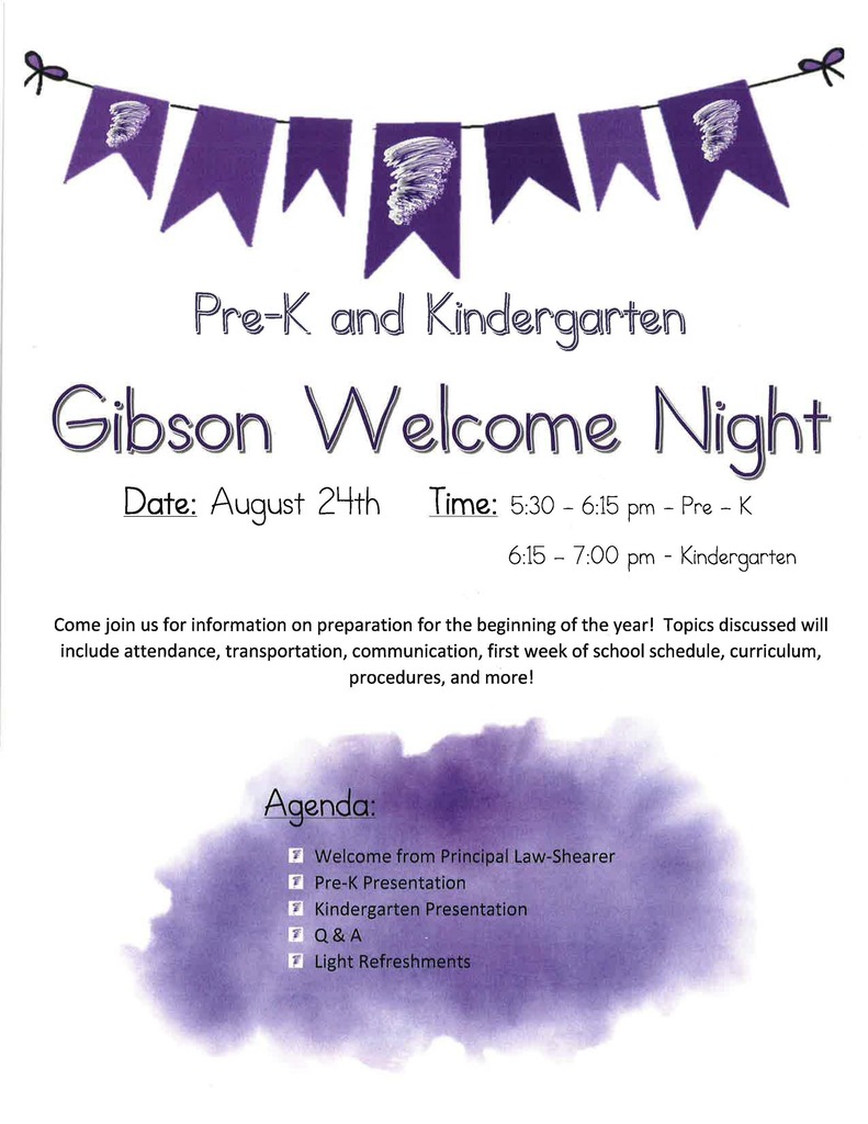 Pre-K and K families please join us for our Welcome Night on August 24th.