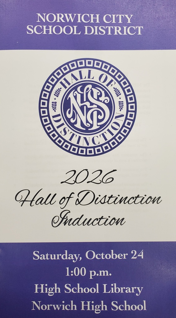 🎓 NCSD Hall of Distinction Ceremony 🎓 Join us- Saturday, October 24th - Norwich High School Norwich City School District is proud to celebrate the outstanding individuals who have made a lasting impact on our school community and beyond! Please join us as we honor our 2026 Hall of Distinction inductees and recognize their accomplishments, contributions, and lasting legacies. 📅 Ceremony Schedule - 12:00 PM – Building Tour - 12:30 PM – Refreshments - 1:00 PM – Hall of Distinction Ceremony in the High School Library 🌟 Congratulations to our inductees: - Rear Admiral Charles Conway Hartigan, 1901 - Joseph J. Benenati, 1932 - Margaret Marshall, 1962 - Bonnie Pierce Campbell, 1965 - Robert Kroeger, Class of 1970 - Elizabeth Christman, 1983 We look forward to celebrating these remarkable individuals and honoring the enduring connection between our alumni and the Norwich City School District community. Congratulations to all of our inductees!