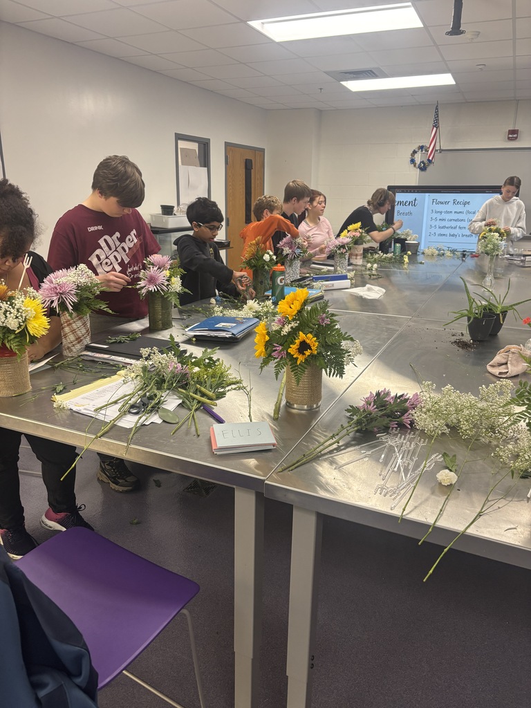 Last week, students in Mrs. Ryan’s Horticulture class created their very first floral arrangements! Each student was challenged to choose an adult in the building who has made a meaningful impact on their life, decorate a recycled tin can, and create a special floral arrangement just for them.  This project was about more than learning floral design. It was an opportunity for students to get creative, show appreciation, and give back to someone who has made a difference in their lives.  We are so proud of our students for putting their creativity and gratitude into these beautiful arrangements!