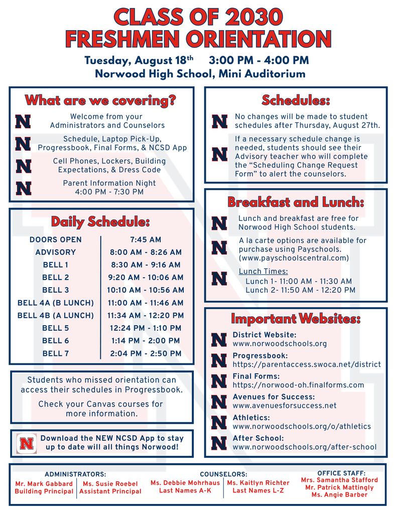 Class of 2030 Freshmen Orientation Flyer