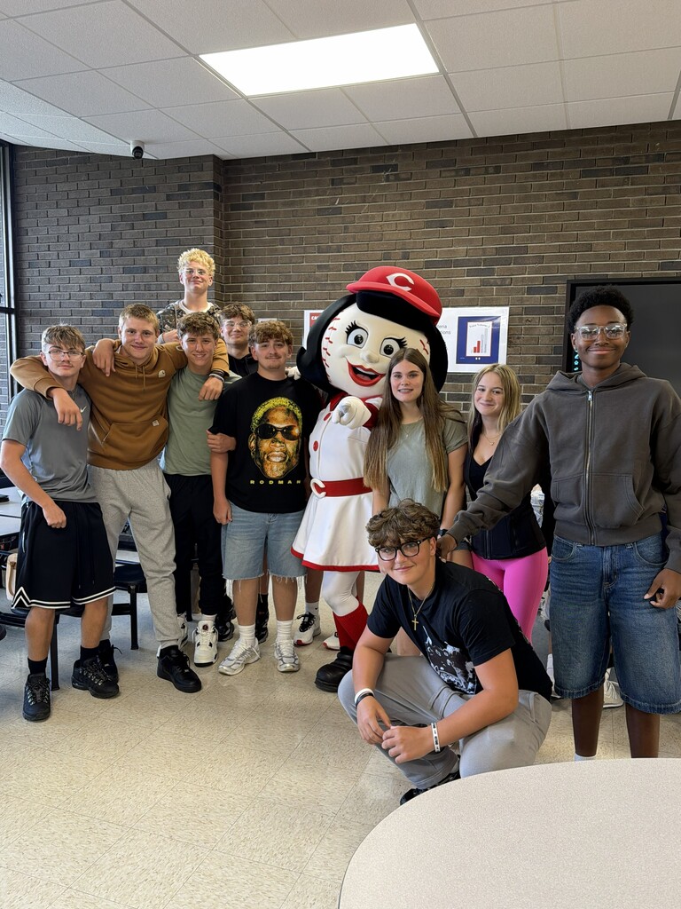 Students with Rosie Red at lunch.