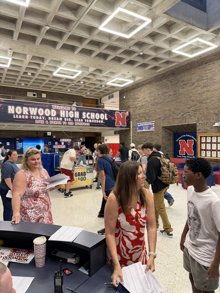 Norwood High School Lobby on the first day of school. Counselors are helping students find Advisories.