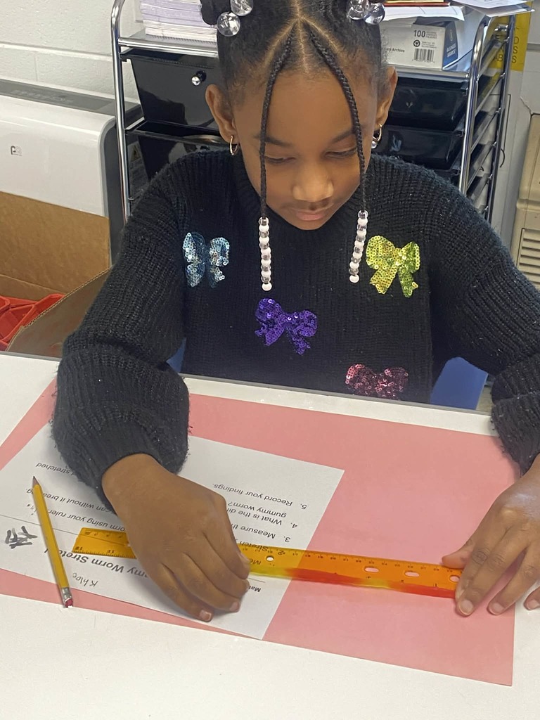 Second grade students measuring gummy worms.