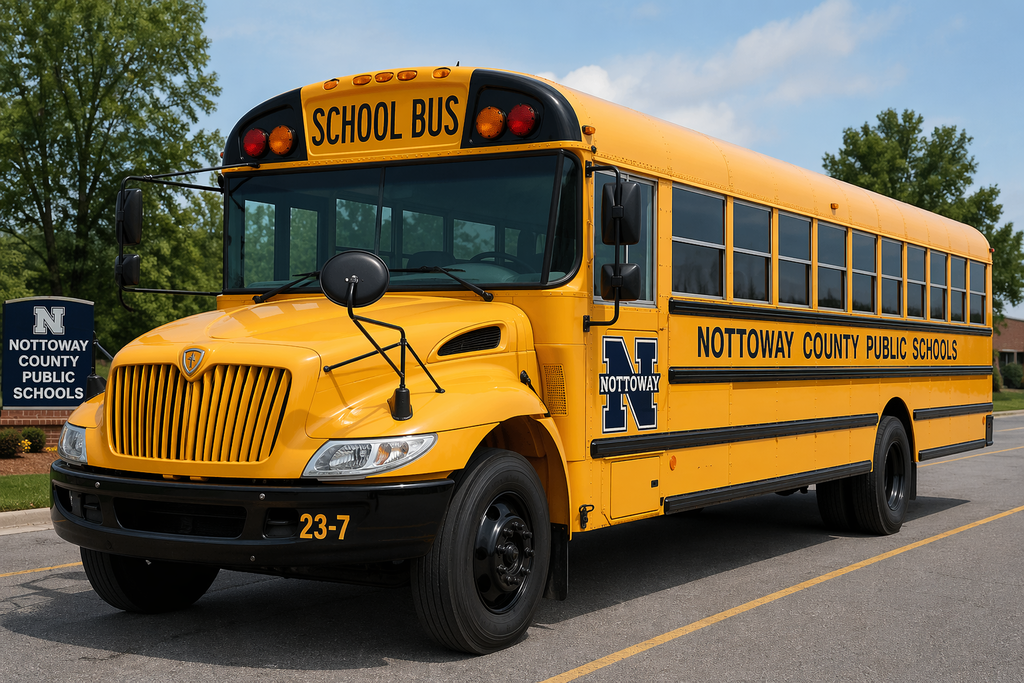 A yellow school bus with "SCHOOL BUS" on top. "N" and "NOTTAWAY COUNTY PUBLIC SCHOOLS" are on the side.