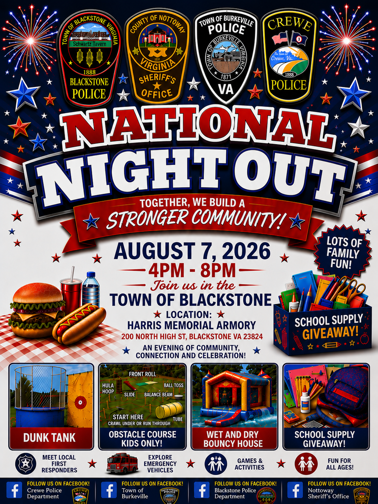 Poster for National Night Out. Date and time, activities, location. Patriotic colors and stars. Icons for food, games, and school supplies.