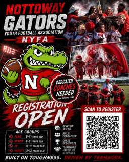 A red and green graphic features a cartoon alligator holding a football, text reads "Nottoway Gators Youth Football Association NYFA".