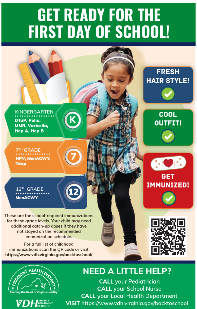 A poster for the first day of school features a young girl with a backpack, text about immunizations, and a QR code.