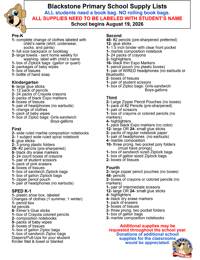 2026-2027 BPS School Supply List