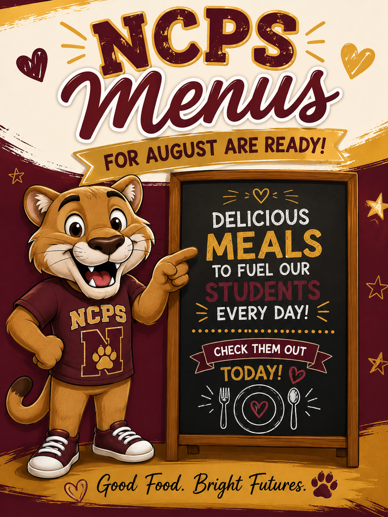 An illustration of a mascot pointing to a menu board with meal options for August. The mascot wears a maroon shirt and sneakers.