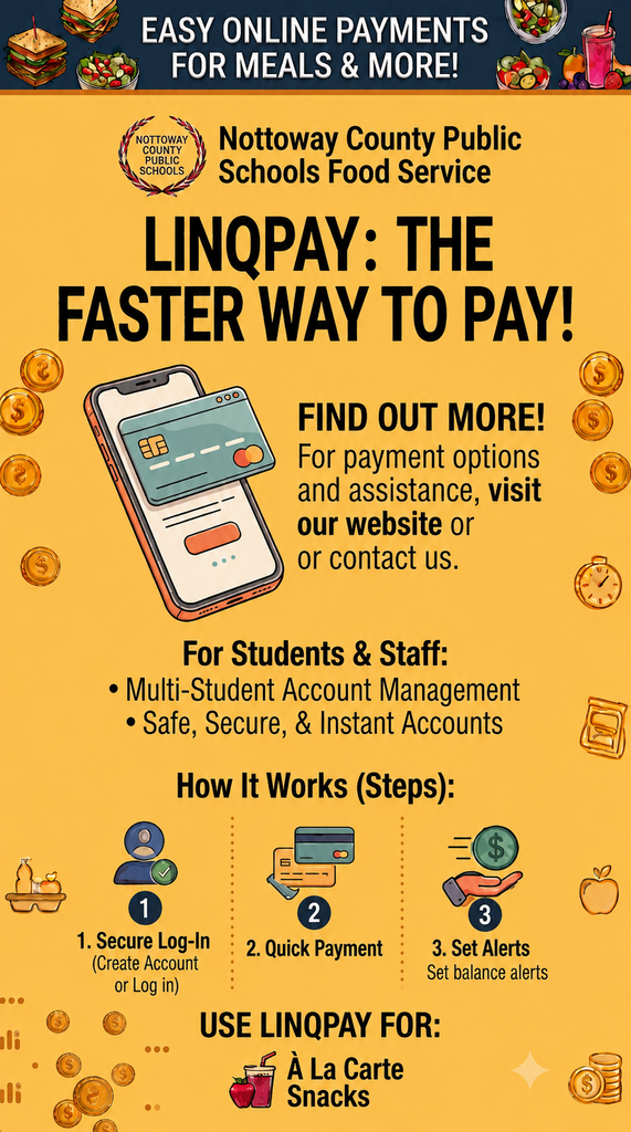 A flyer for LinQPay payment system in Nottoway County Public Schools Food Service, featuring a mobile phone, coins, and icons for payment steps.