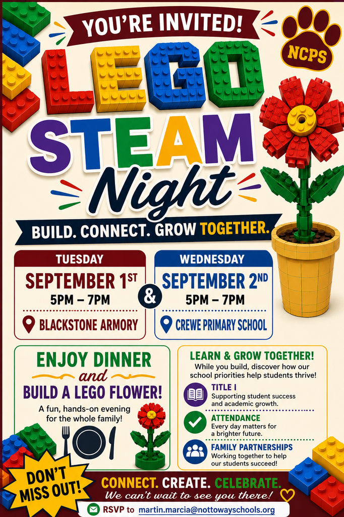 An invitation card for STEAM Night, with LEGO pieces, a flower in a pot, and a paw print.