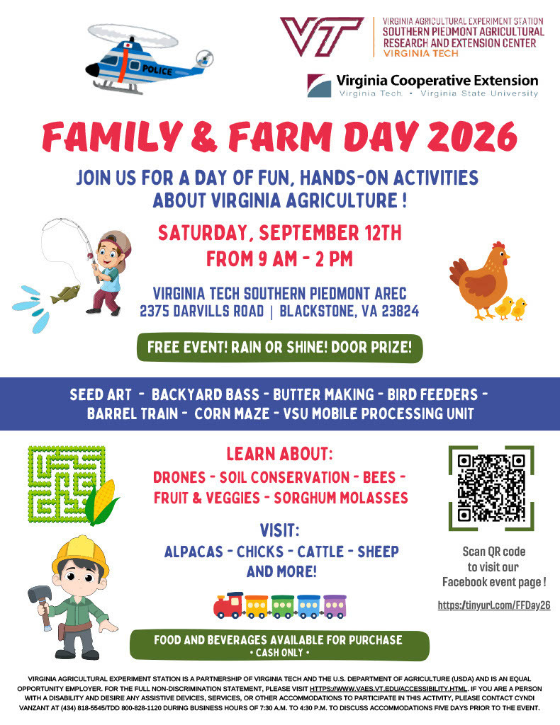 Flyer for Family & Farm Day 2026 with activities like seed art, backyard bass, and corn maze. QR code for more info.