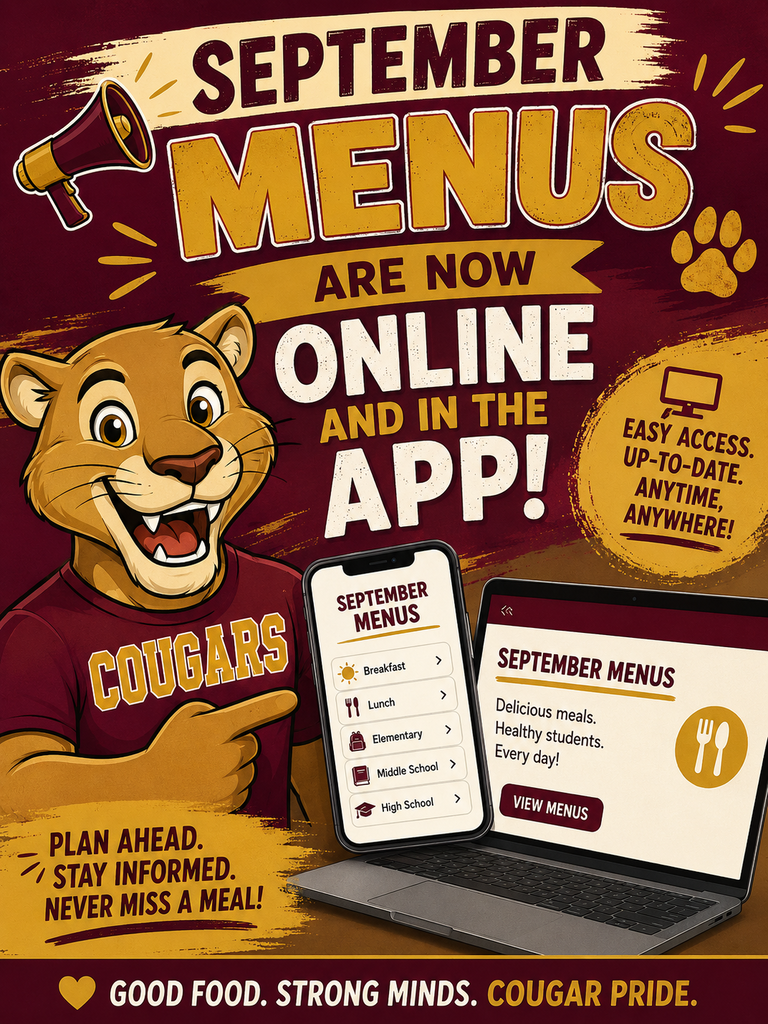 Poster with a cougar holding a smartphone. Text reads "September Menus are now online and in the app!"