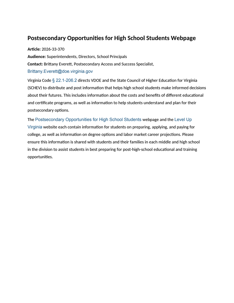 Postsecondary Opportunities for High School Students Webpage