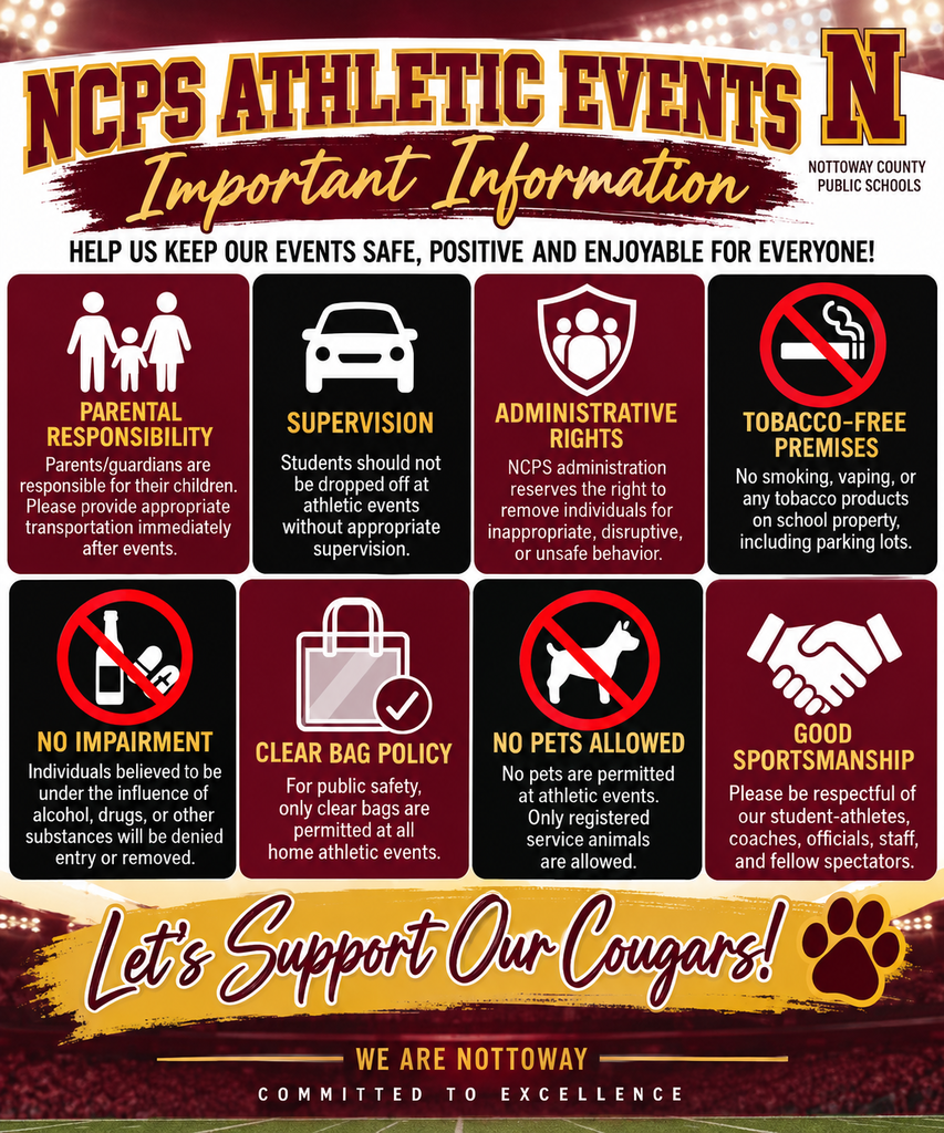 Bright red and black poster. Key points include parental supervision, supervision of students, administrative rights, tobacco-free, clear bag policy, no pets allowed, and good sportsmanship.