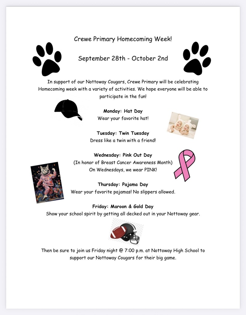 Event poster with paw prints, pink ribbon, helmet, and girl. "Crewe Primary Homecoming Week" is listed.