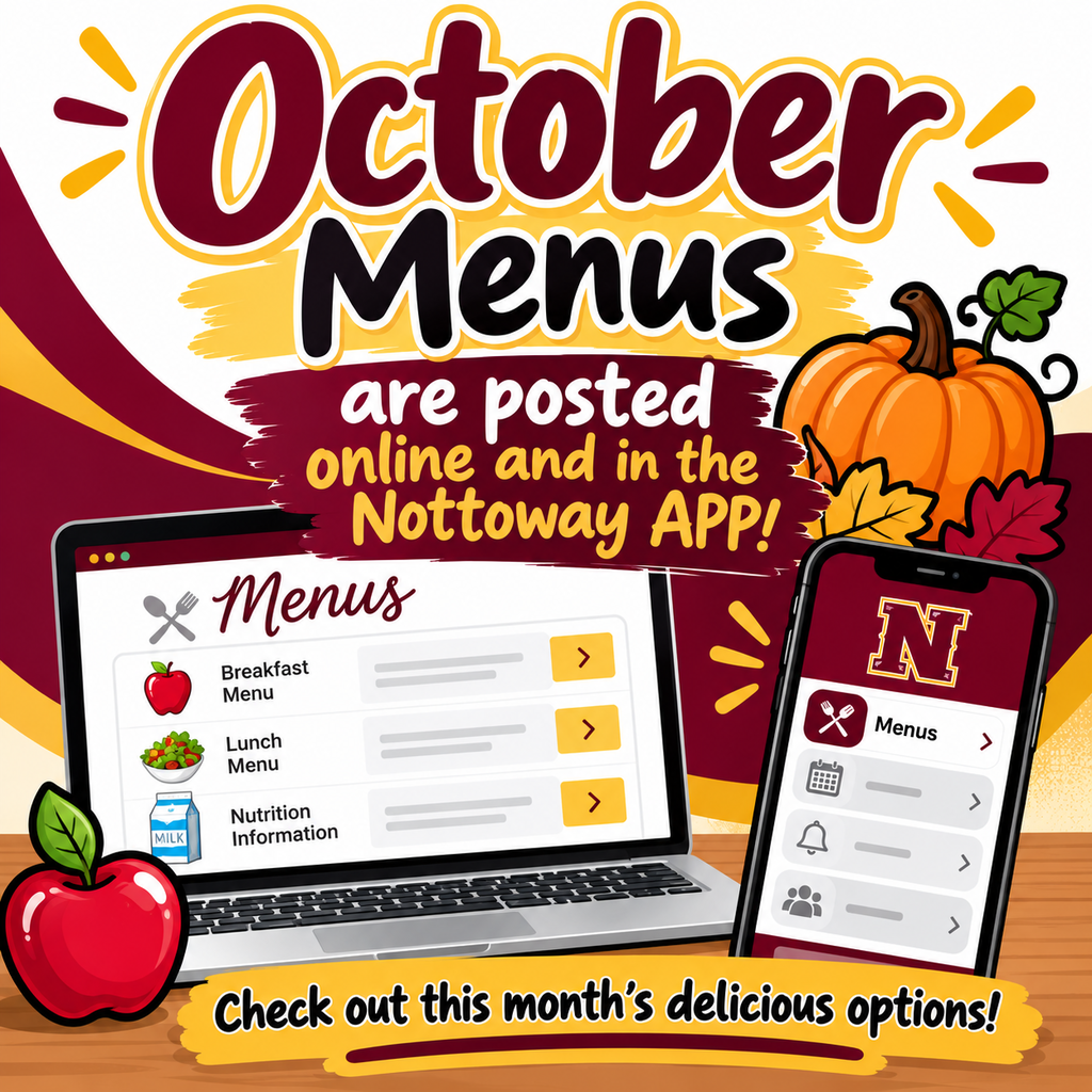 A poster with autumn elements shows laptops and a phone displaying menus. The background has a pumpkin and leaves.
