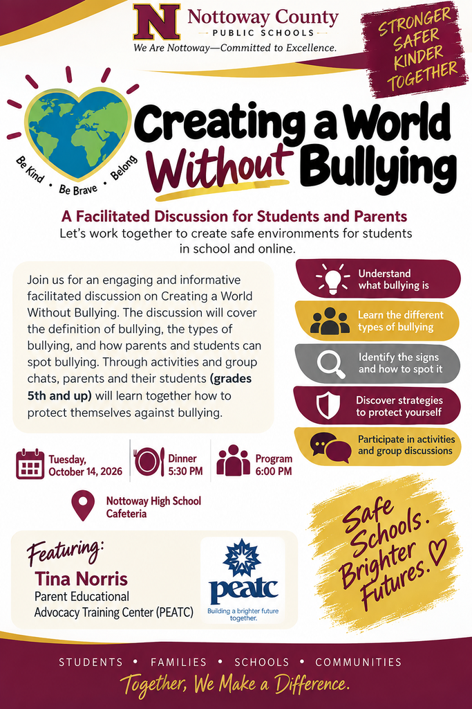 An event flyer for Nottoway County Public Schools promotes a discussion on creating a world without bullying.