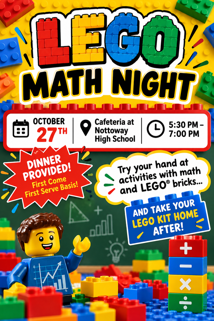 LEGO Math Night flyer with a LEGO figure and math problems, date, and location. Background of colorful LEGO bricks.