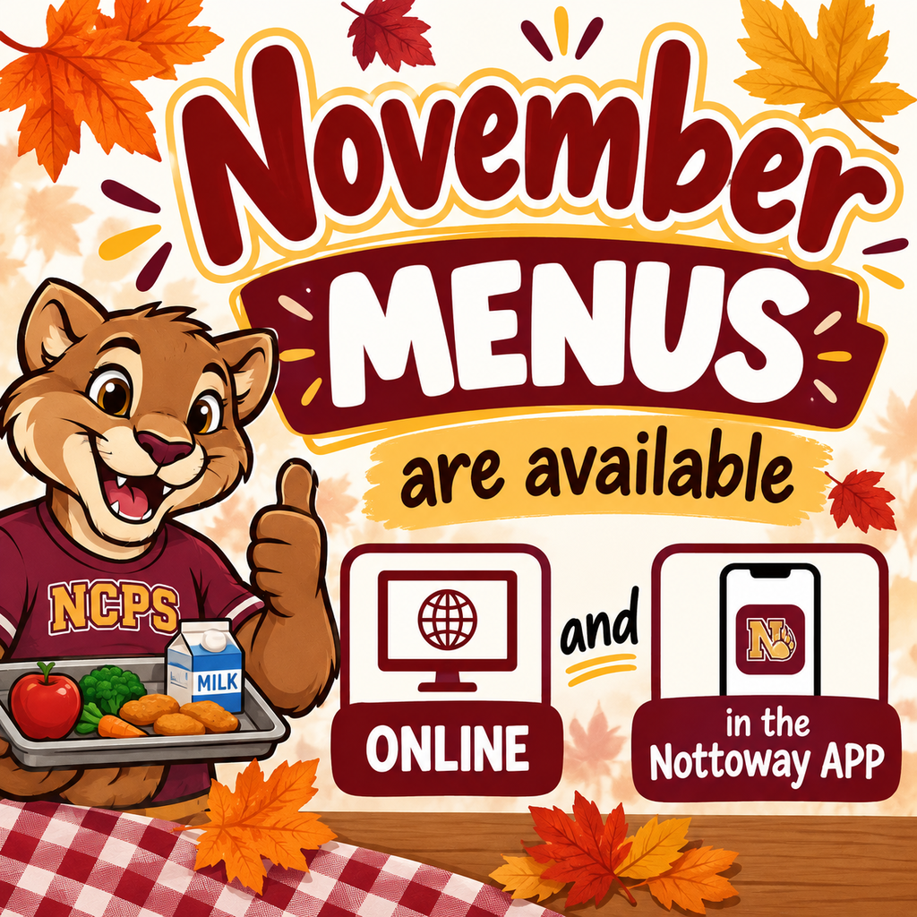 Cartoon chipmunk with thumbs up holding tray with vegetables, milk carton, and sign with "November Menus are available online and in the Nottoway APP".