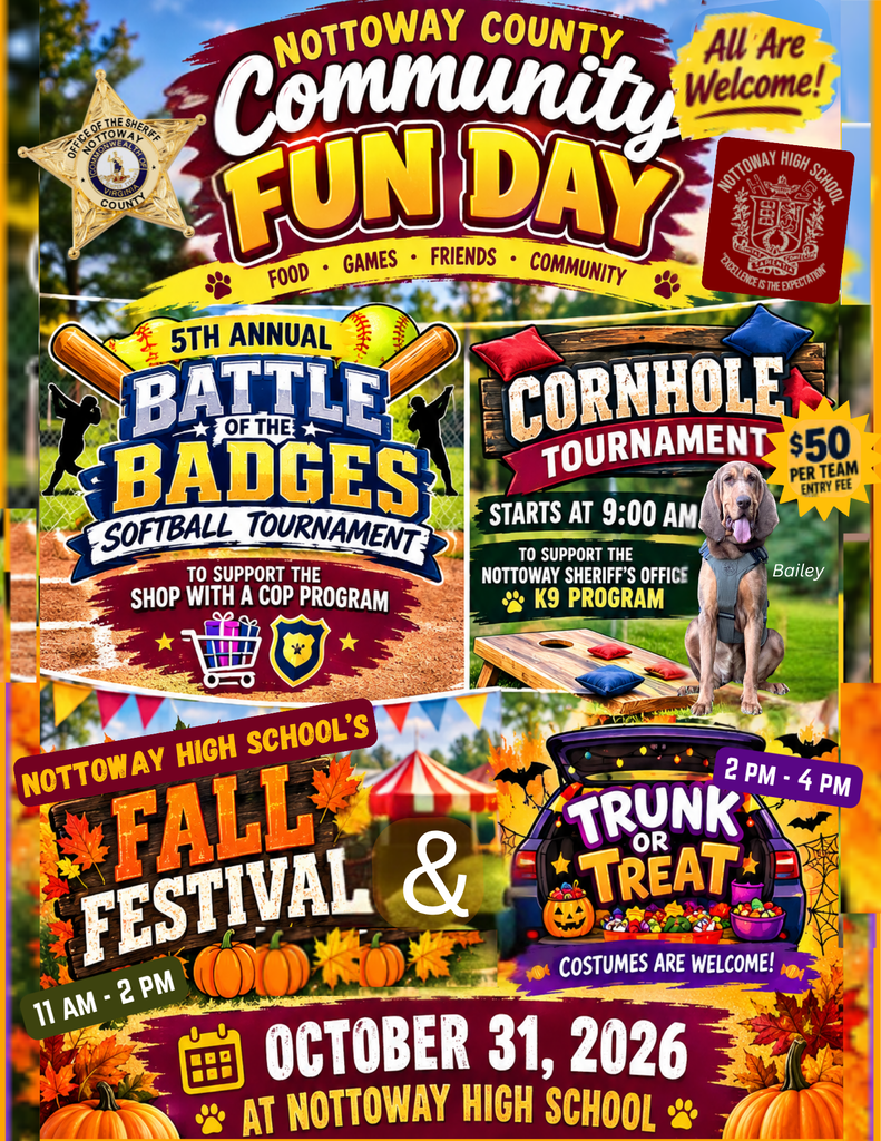 Event poster for Nottoway County Community Fun Day, featuring images of softball, cornhole, and a pumpkin festival.