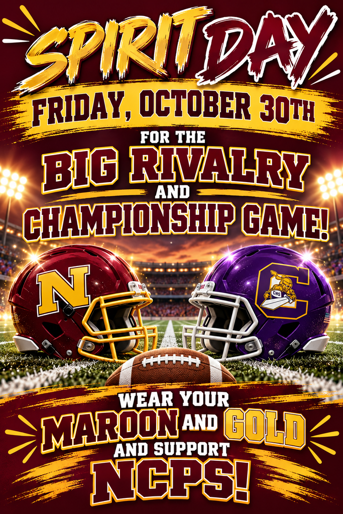 Two football helmets, one maroon, one purple, and a football between them. Background of a stadium.