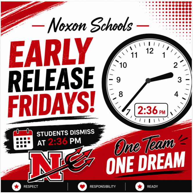 Noxon School Clock showing 2:36 pm- early release Friday!