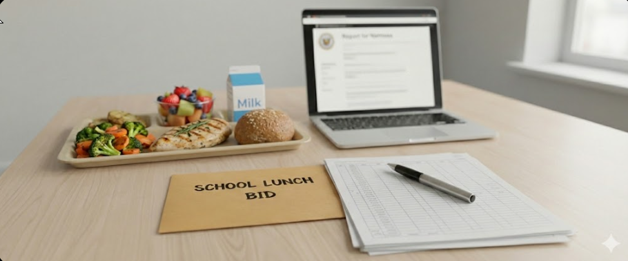 AI generated image of a laptop computer, a tray of food,  paper, pen, and an envelope with "School Lunch Bid" typed onto it.
